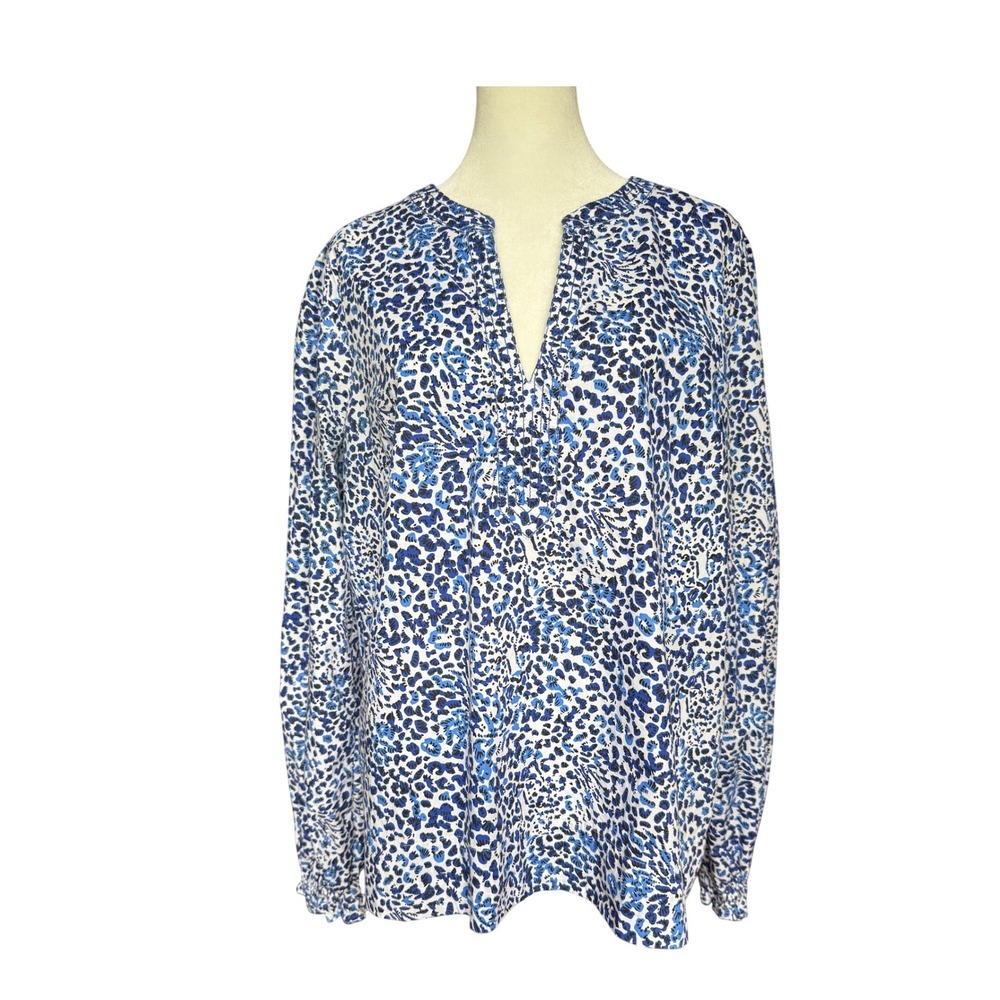 Lilly Pulitzer "Coulter" Tunic Sz L Blue Leopard Print V Neck Ruffle Cuffs - Picture 3 of 16